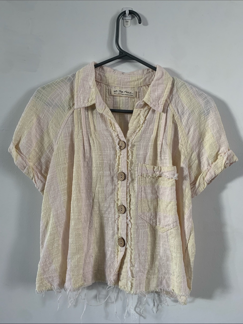 We The Free Pastel Yellow & Cream Short-Sleeve Button Front Shirt
